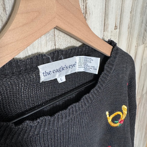 Vintage 90s Eagle's Eye Black Knit Sweater Rose Musical Instruments Womens Large - Picture 3 of 5